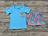 BSSO0846 Summer Garden Flower Blue Pink Boys Shorts Set