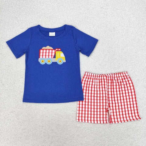 BSSO0857 Embroidery Truck Red Plaid Boys Shorts Set