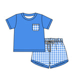 BSSO0865 Blue Plaid Pocket Boys Shorts Set