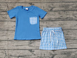 BSSO0865 Blue Plaid Pocket Boys Shorts Set