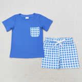 BSSO0865 Blue Plaid Pocket Boys Shorts Set