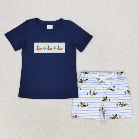 BSSO0884 Embroidery Mallard Dark Blue Boys Shorts Set