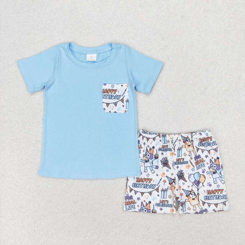 BSSO0907 Cartoon Happy Birthday Blue Dog Boys Shorts Set