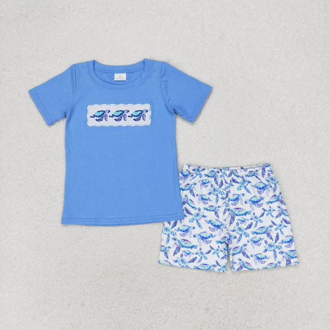 BSSO0916 Embroidery Sea turtle Blue Boys Shorts Set