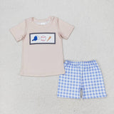 BSSO0919 Baseball Blue Plaid Boys Shorts Set