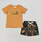 BSSO0924 Embroidery LET'EM RUN Deer Camo Boys Shorts Set