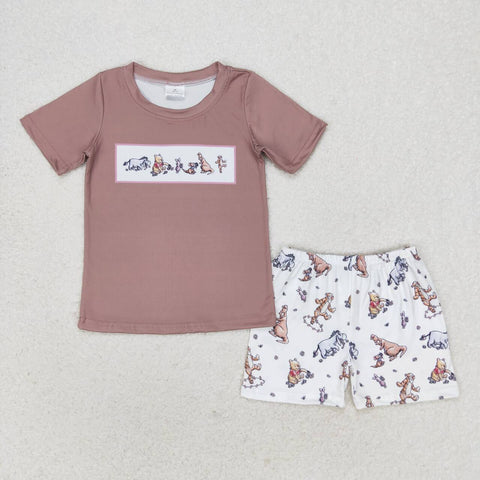 BSSO0940 Cartoon Honey Bear Tiger Brown Boys Shorts Set