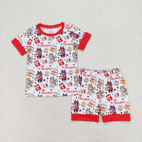 BSSO0948 Cartoon Blue Dog Chick Red Boys Shorts Pajamas Set