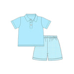 BSSO0954 Blue Plaid Boys Shorts Set