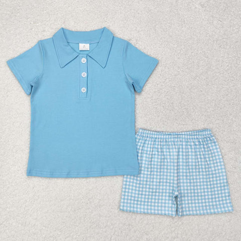 BSSO0954 Blue Plaid Boys Shorts Set