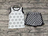 BSSO0972 Smiley face Black Plaid Boys Shorts Set