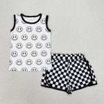 BSSO0972 Smiley face Black Plaid Boys Shorts Set