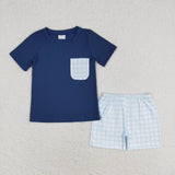 BSSO0992 Blue Plaid Boys Shorts Set