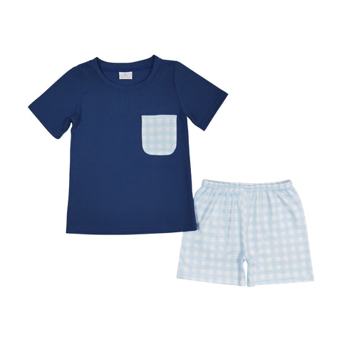 Preorder 11.24 MOQ 5 pcs BSSO0992 Blue Plaid Boys Shorts Set