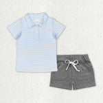 BSSO0999 Stripe Cotton Grey Polo Shirt Boys Shorts Set