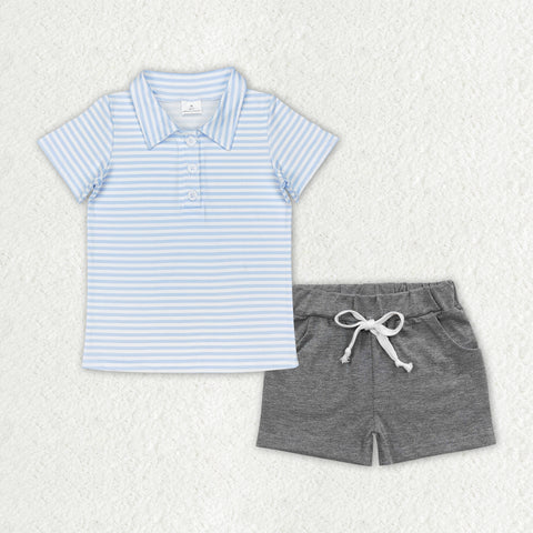 BSSO0999 Stripe Cotton Grey Polo Shirt Boys Shorts Set
