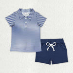 BSSO1000 Stripe Cotton Blue Polo Shirt Boys Shorts Set