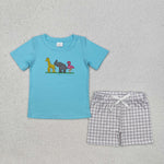 BSSO1019 Embroidery Animal Blue Boys Shorts Set