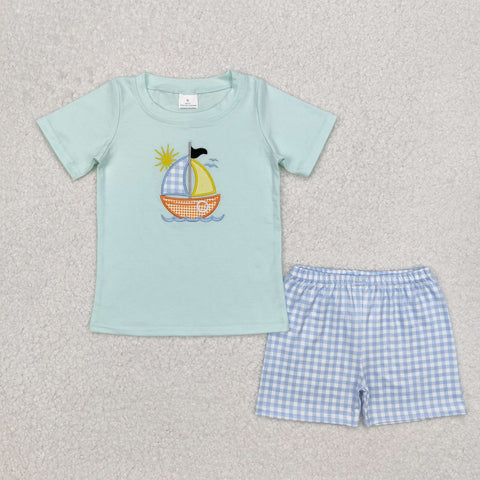 BSSO1048 Embroidery Sailboat Boys Shorts Set