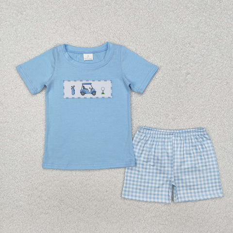 BSSO1052 Embroidery Golf Blue Plaid Boys Shorts Set