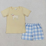 BSSO1058 Embroidery Dog Plaid Boys Shorts Set