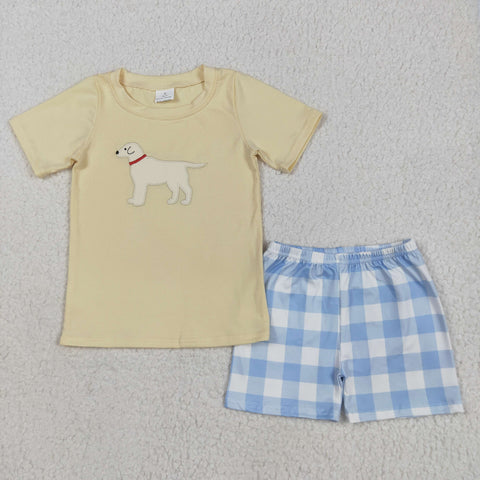 BSSO1058 Embroidery Dog Plaid Boys Shorts Set