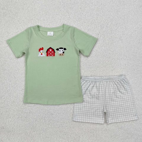 BSSO1067 Embroidery Farm Animal Barn Boys Shorts Set