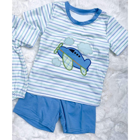 Preorder 12.01 BSSO1096 Airplane Blue Boys Shorts Set