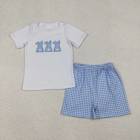 BSSO1123 Embroidery Easter Bunny Blue Plaid Boys Shorts Set
