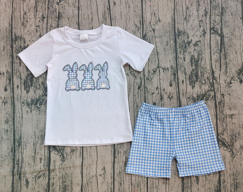 Preorder Samples BSSO1123 Embroidery Easter Bunny Blue Plaid Boys Shorts Set