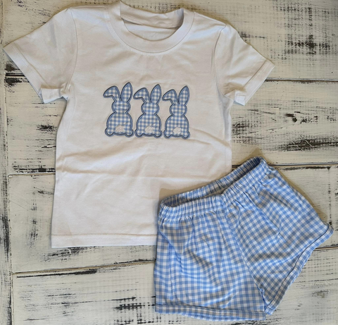 Preorder 12.09 BSSO1123 Easter Bunny Blue Plaid Boys Shorts Set