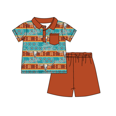 Preorder 12.13 BSSO1138 Western Skull Bull Boys Shorts Set