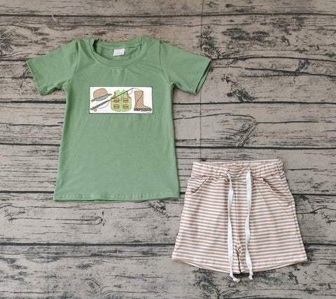 Preorder BSSO1154 Embroidery Fishing Green Boys Shorts Set