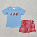 BSSO1161 Embroidery Crawfish Red Plaid Boys Shorts Set