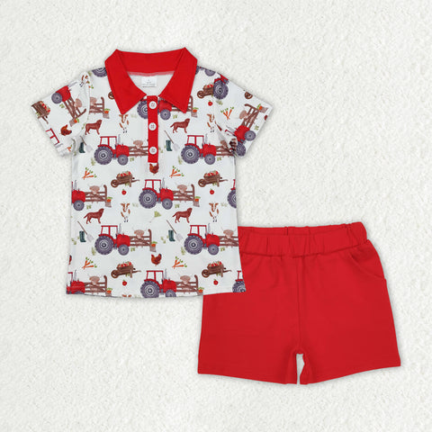 BSSO1178 Farm Car Cow Red Boys Shorts Set