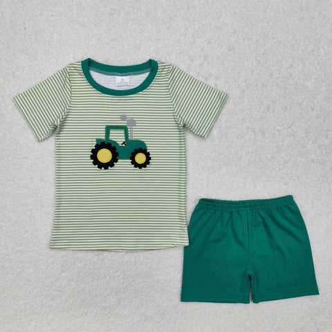 BSSO1184 Embroidery Truck Green Boys Shorts Set