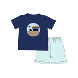 Preorder BSSO1193 Embroidery Beach Sand Blue Boys Shorts Set