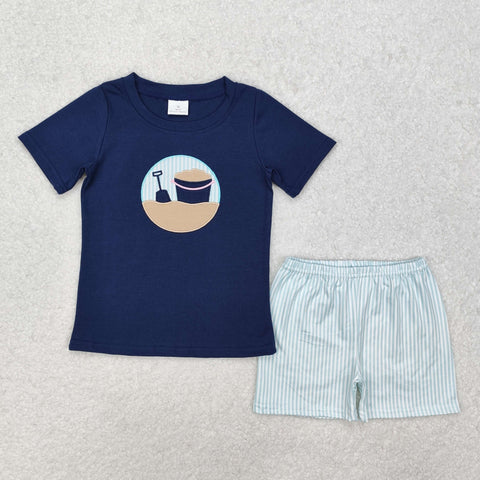 BSSO1193 Embroidery Beach Sand Blue Boys Shorts Set