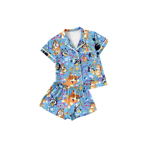 Preorder 01.04 BSSO1196 Blue Dog Buttons Girls Shorts Pajamas Set