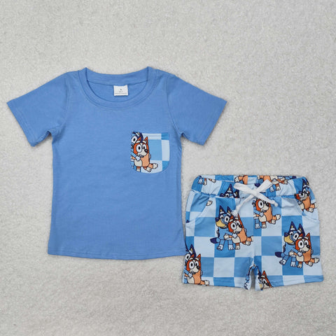 BSSO1211 Cartoon Blue Dog Boys Shorts Set