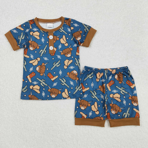 BSSO1232 Western Cows Cactus Boys Shorts Pajamas Set