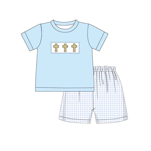 Preorder 01.14 BSSO1234 Easter Cross Blue Boys Shorts Set