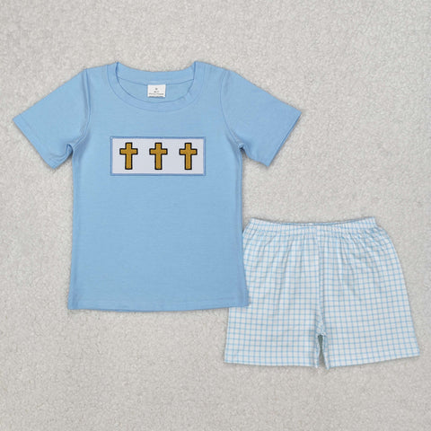 BSSO1234 Embroidery Easter Cross Blue Boys Shorts Set