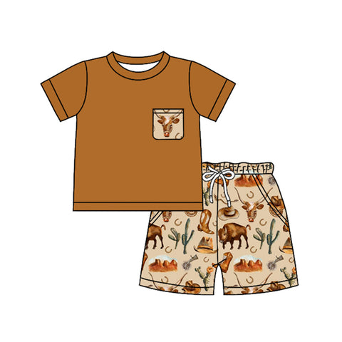 Preorder 01.16 BSSO1235 Howdy Cow Cactus Boys Shorts Set