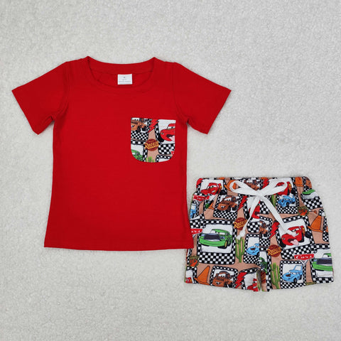 BSSO1256 Cartoon Cars Red Boys Shorts Set