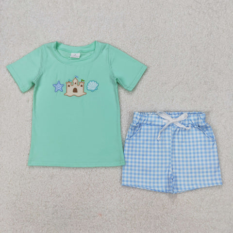 BSSO1266 Embroidery Ocean Castle Blue Boys Shorts Set