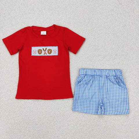 BSSO1283 Embroidery Baseball Red Boys Shorts Set