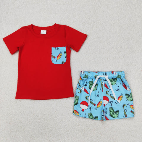 BSSO1289 Fishing Hook Red Boys Shorts Set