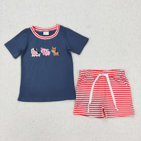 BSSO1295 Embroidery Animal Red Stripe Boys Shorts Set