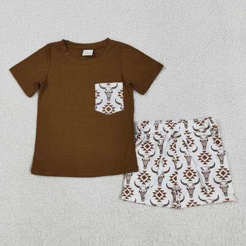 BSSO1319 Western Skull Bull Brown Boys Shorts Set